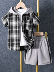 Boys Plaid Hooded Shirt & Shorts Summer Outfit