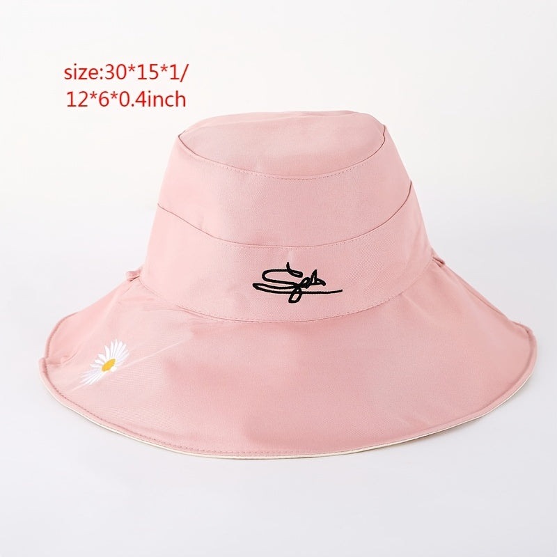 Daisy Embroidery Sunshade Bucket Hat Wide Brim Solid UV Protection