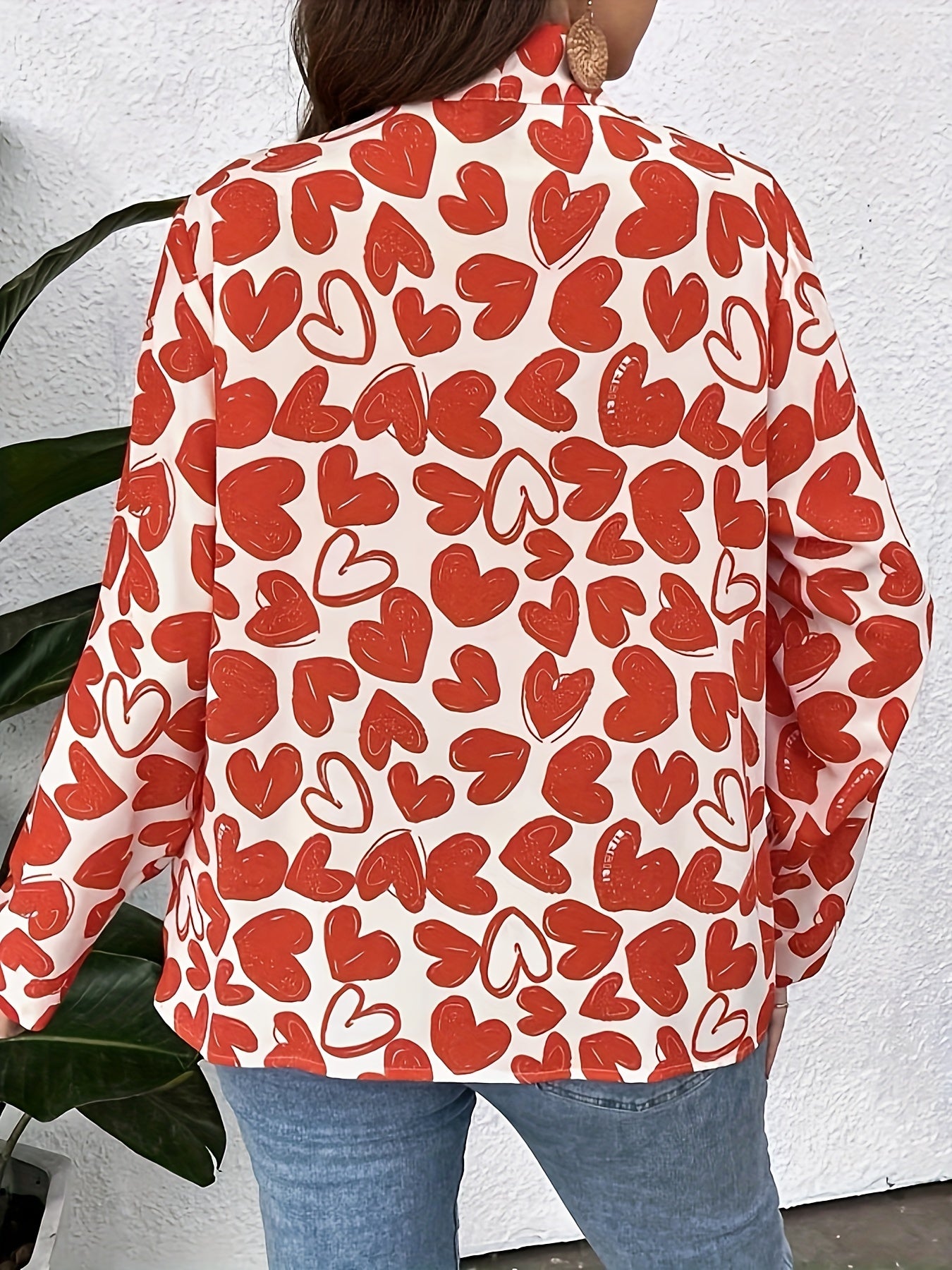 Casual Blouse Allover Heart Print Long Sleeve Bow Knot Tunic Top
