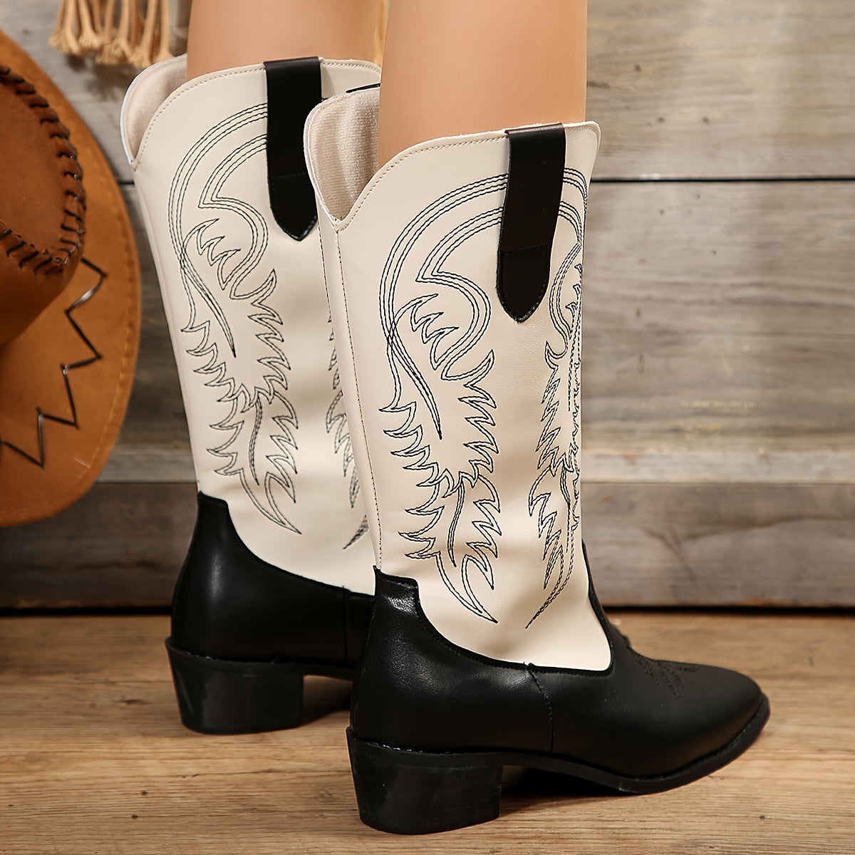 Women's Colorblock Western Boots Slip On Point Toe Chunky Heel Mid Calf