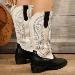 Women's Colorblock Western Boots Slip On Point Toe Chunky Heel Mid Calf