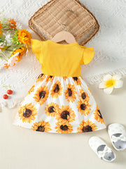 Toddler Baby Girls Ruffle Sleeve Dress Sunflowers Print Kids Clothes Summer