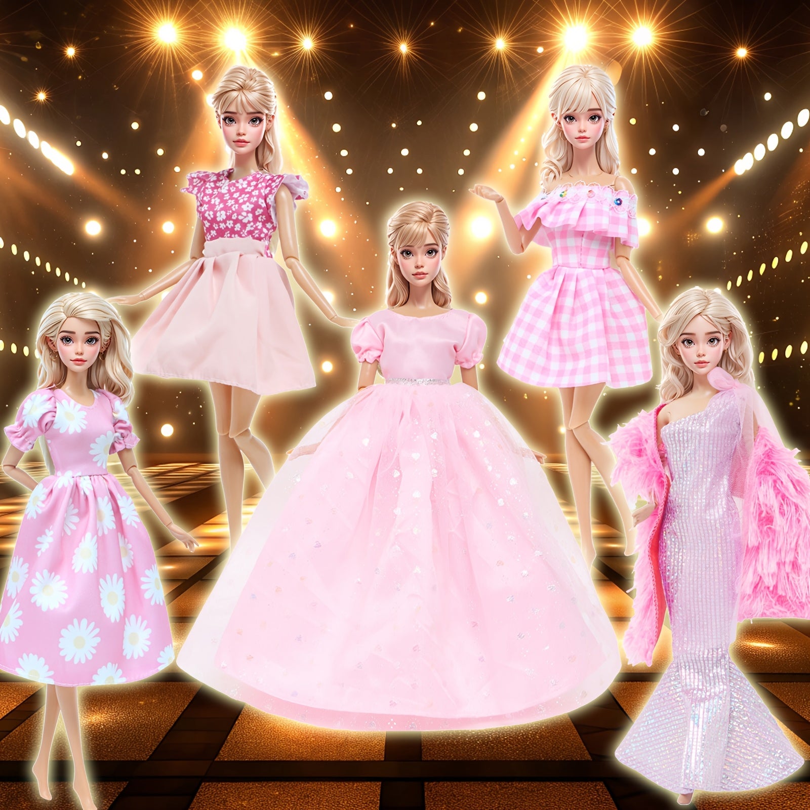 5pcs Pink Doll Clothes Set with Party Wedding Dress, Shawl Tinkerbell Gown