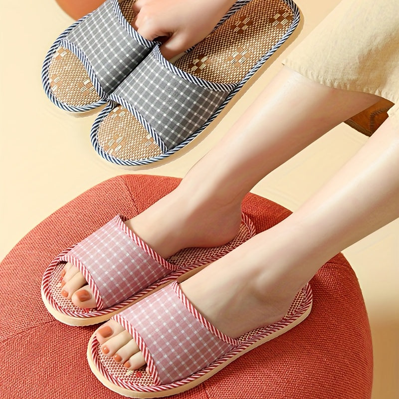 Women's Linen Slippers Comfy Open Toe Non Slip Shoes Indoor Mute Slippers