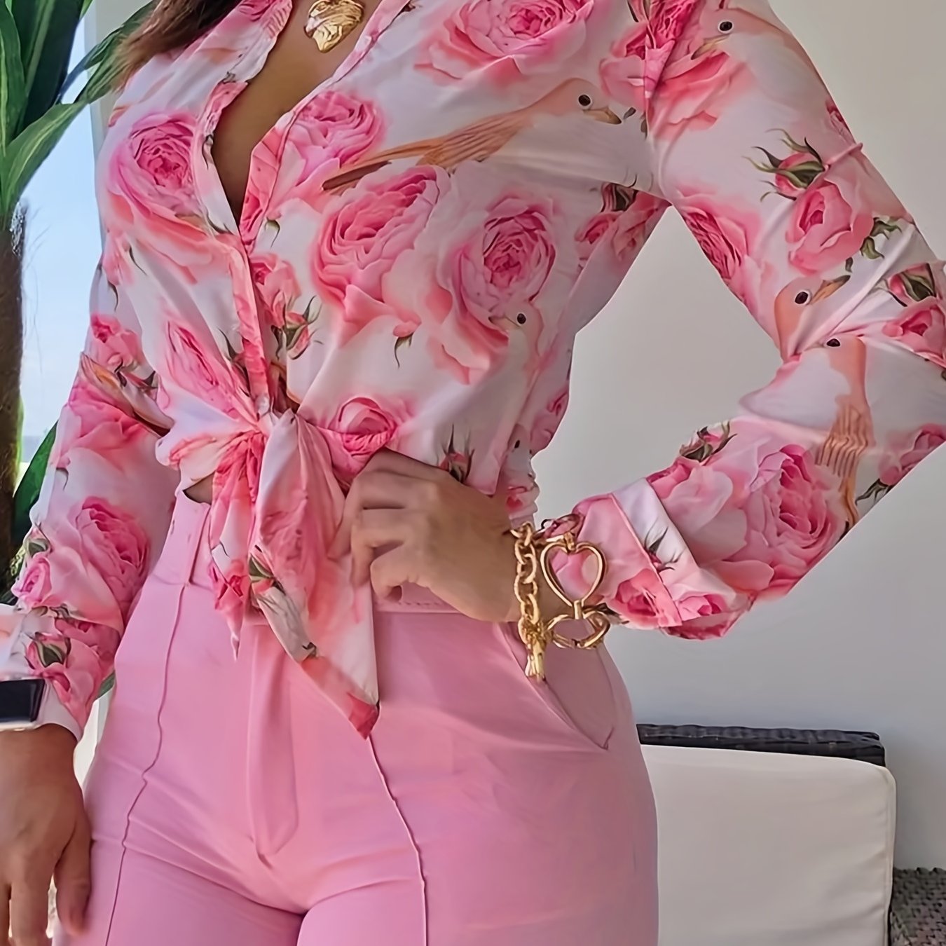 Floral Print Casual Button Front Blouse Long Sleeve