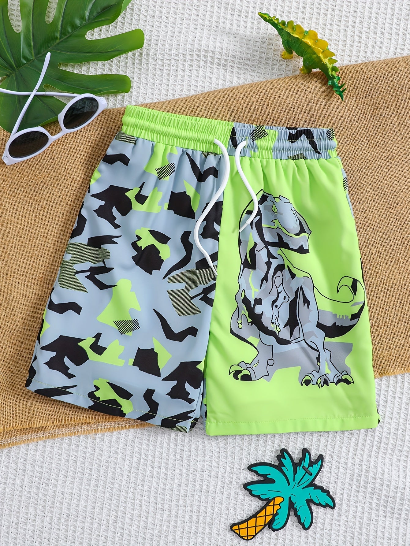 Boys Geometric Dinosaur Swim Trunks Elastic Waist Beach Shorts
