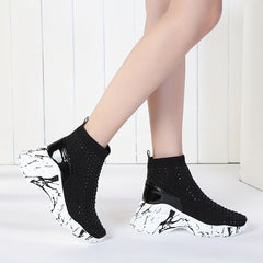 Women's Rhinestone Platform Boots High Top Wedge Sneakers Stretch Sock Boots