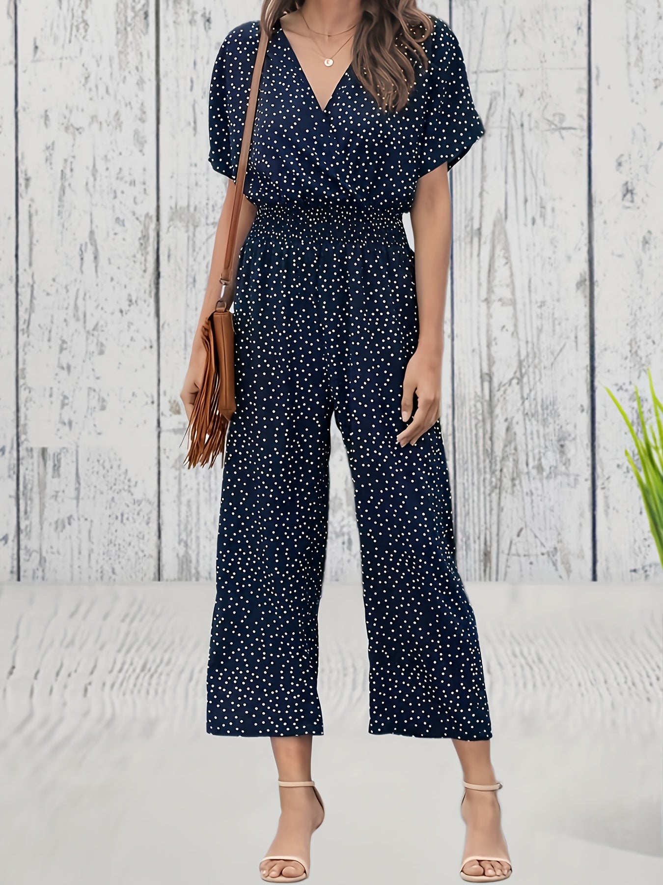Pin Dot Print Cropped Jumpsuit Casual V Neck Short Sleeve Wide Leg Jumpsuit