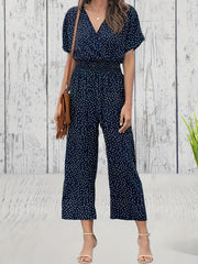 Pin Dot Print Cropped Jumpsuit Casual V Neck Short Sleeve Wide Leg Jumpsuit