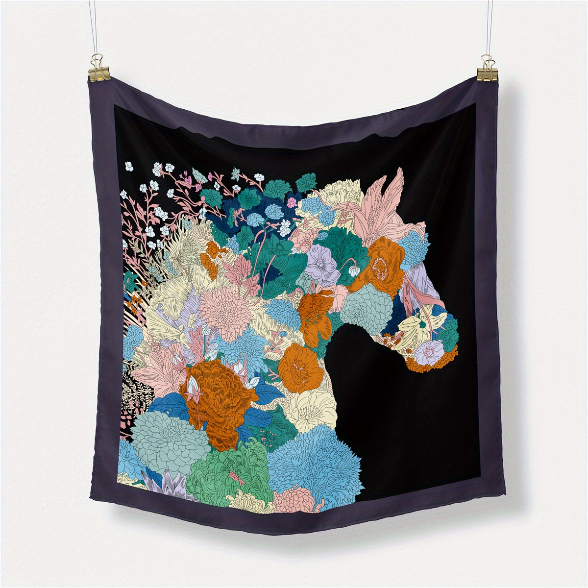 Horse Flower Print Satin Square Scarf Neckerchief Bandana for Women