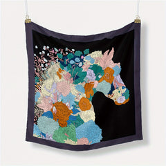 Horse Flower Print Satin Square Scarf Neckerchief Bandana for Women