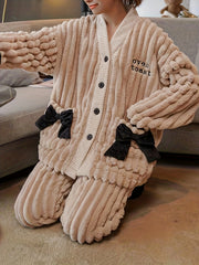 Bow Pajama Set Long Sleeve V Neck Button Top & Pants Sleepwear