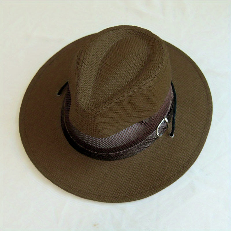 Mesh Hollow Fedora Sun Hat Wide Brim Cowboy Straw Jazz Hat