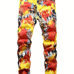 Boys Colorful Graffiti Streetwear Jeans Skinny Slim Fit Washed Denim Long Pants