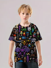 Pixel Character Print Boys T-shirt Lightweight Short Sleeve Top Summer Kids Clot
