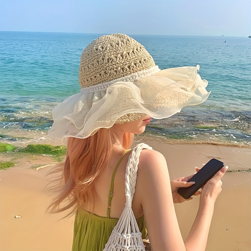 Ruffled Sun Hat Lace Straw Bucket Hat