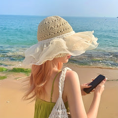 Ruffled Sun Hat Lace Straw Bucket Hat