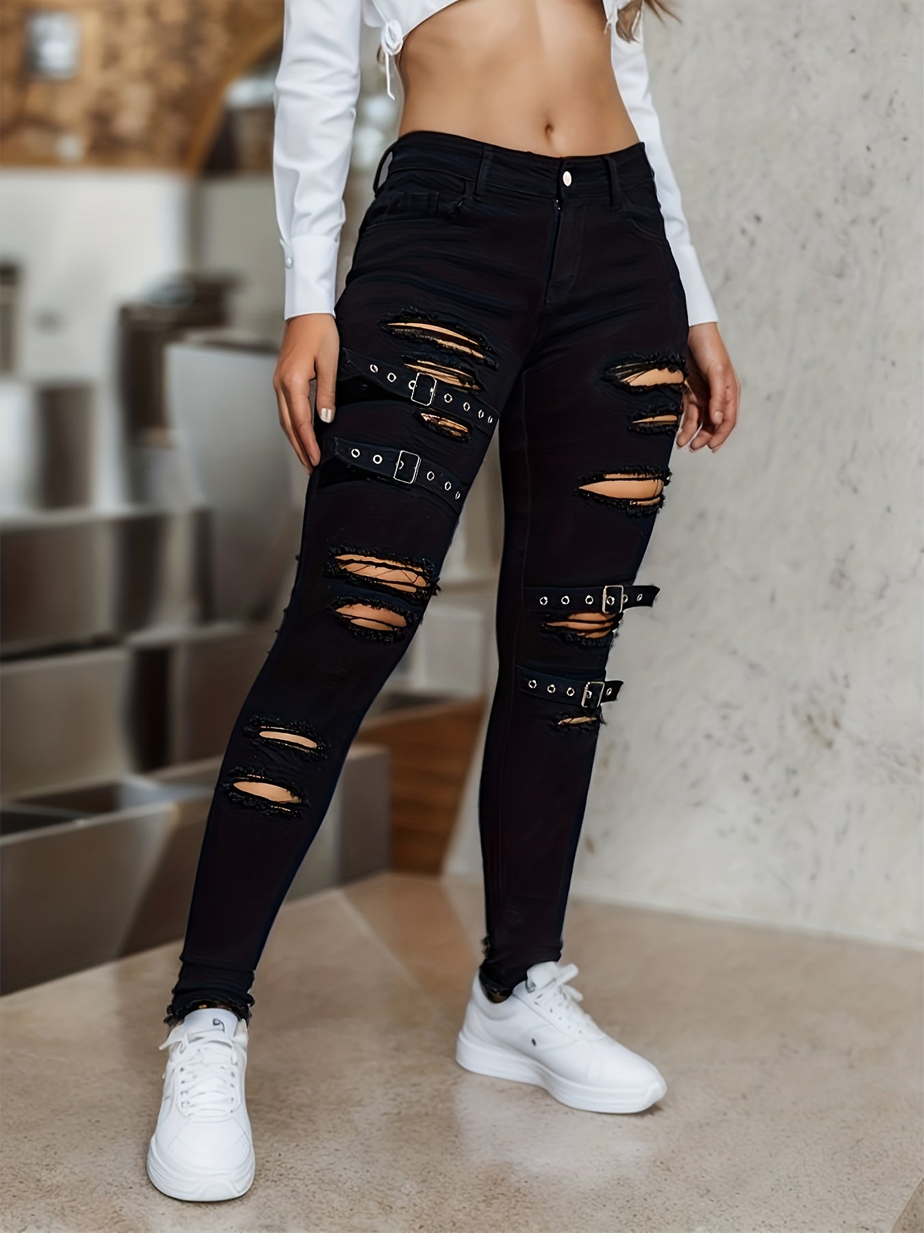 Ribbed Button Fly Mid Rise Skinny Jeans