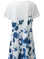Floral Print Dress Lace V neck Short Sleeve Loose Summer Beach Sundress