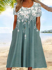 Floral Print Button Up Short Sleeve Dress With Pockets