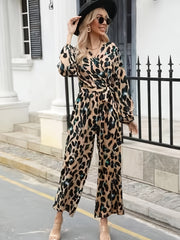 Leopard Print V Neck Jumpsuit Casual Long Sleeve Belted Jumpsuit