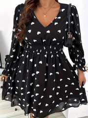 Heart Print Flounce Sleeve V Neck Mini Dress