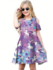 Girls Rainbow Unicorn & Star Print Cold Shoulder Dress
