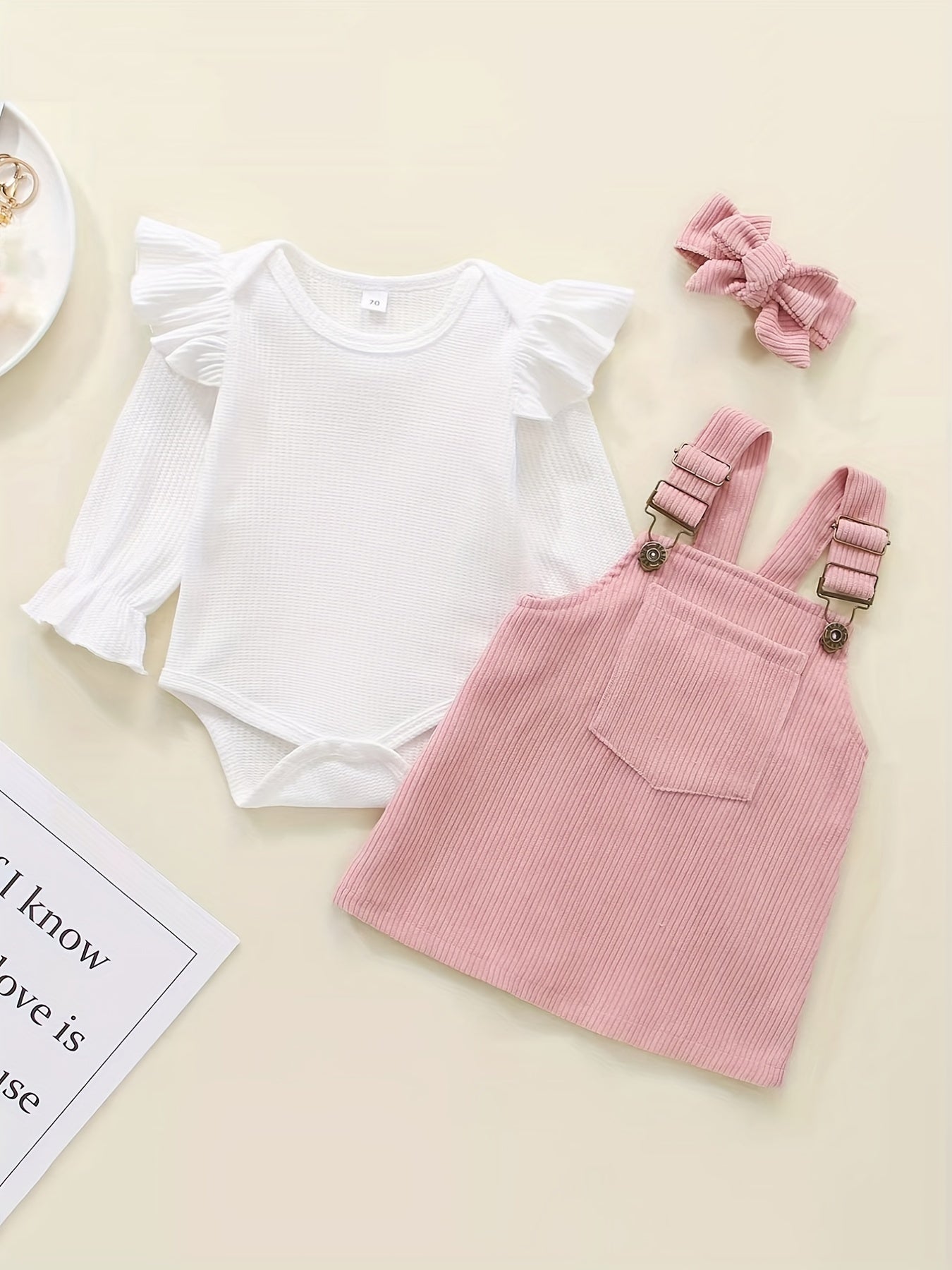 Newborn Triangle Romper Top Corduroy Suspenders Dress Bandana Set