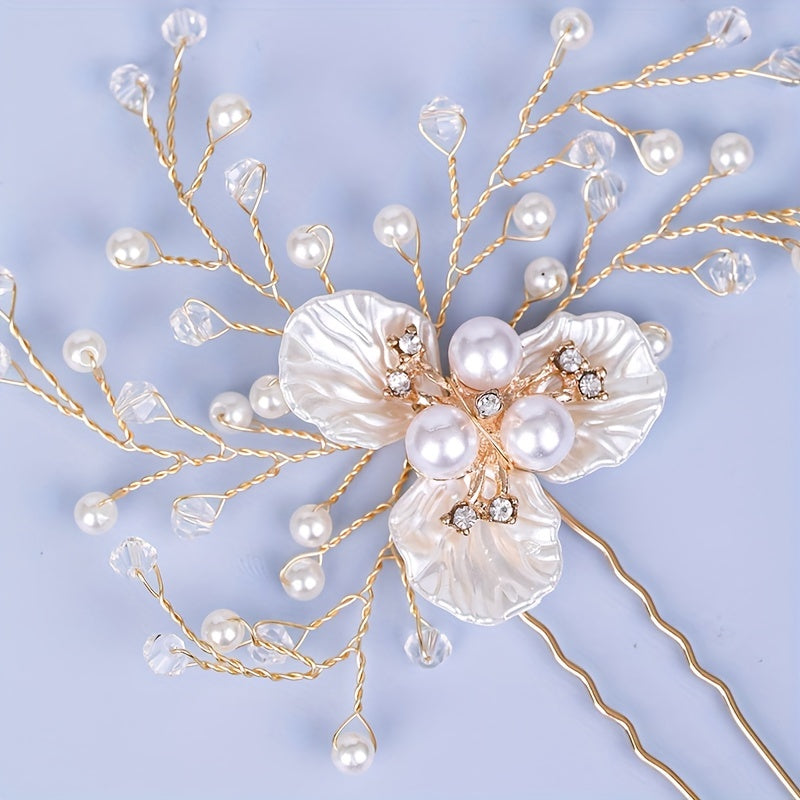 Flower Alloy Hairpin with Faux Pearl Rhinestone Bridal Hair Accessories