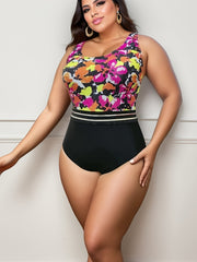 Colorblock Tie Dye Floral Print One Piece Swimsuit