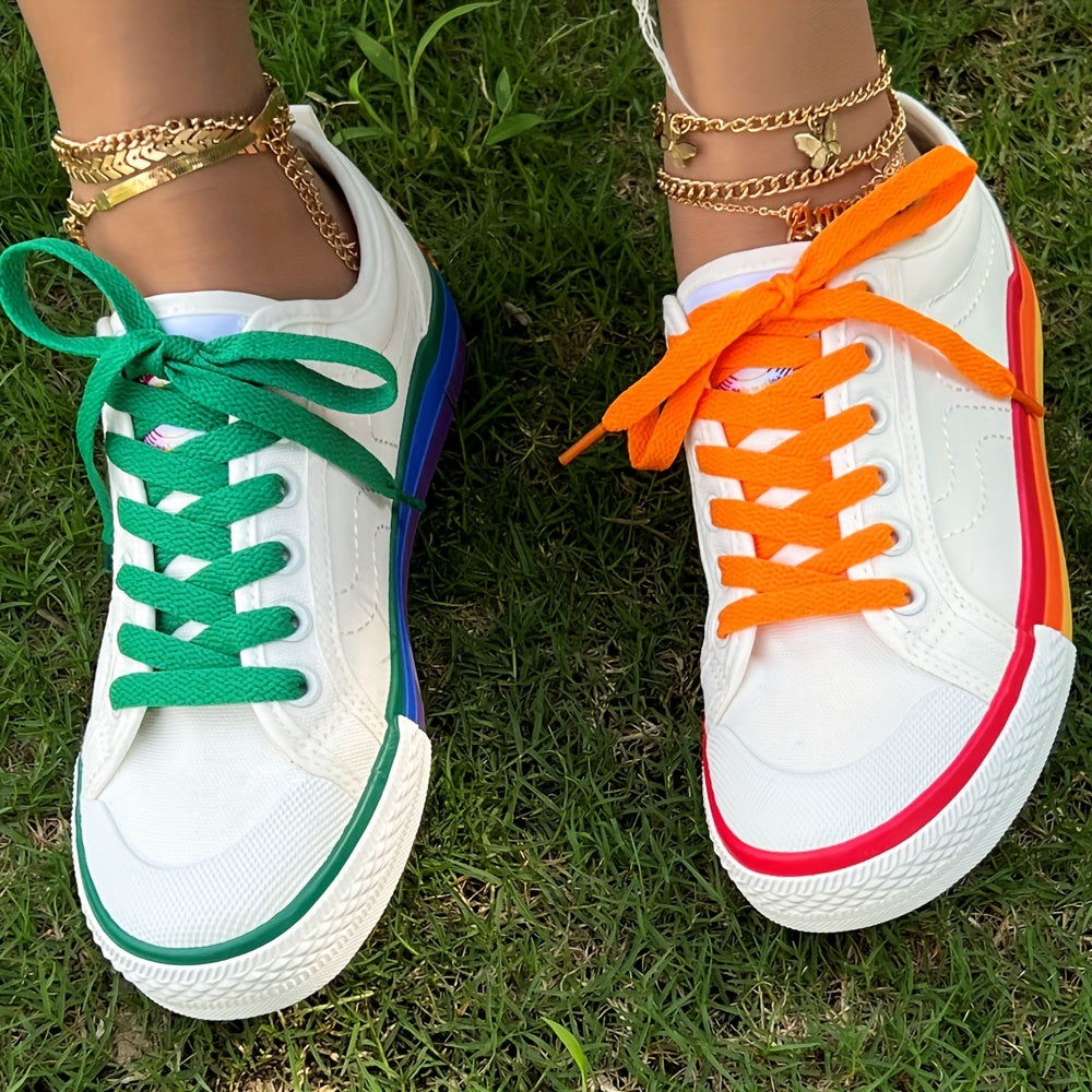 Women's Rainbow Canvas Sneakers Low Top Flat Skate Shoes