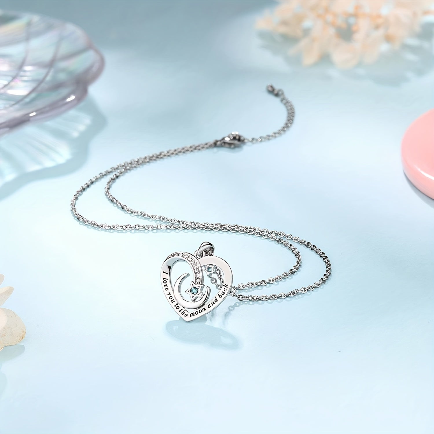 Heart Moon Star Pendant Necklace with Zirconia Inlay