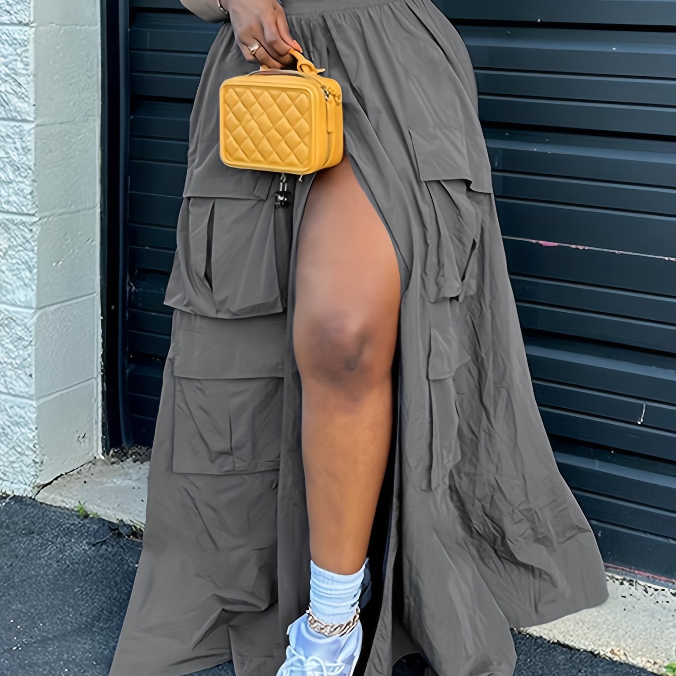 Sporty Cargo Skirt Elastic Waist A Line Split Activewear