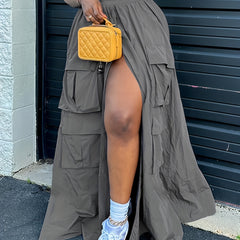 Sporty Cargo Skirt Elastic Waist A Line Split Activewear