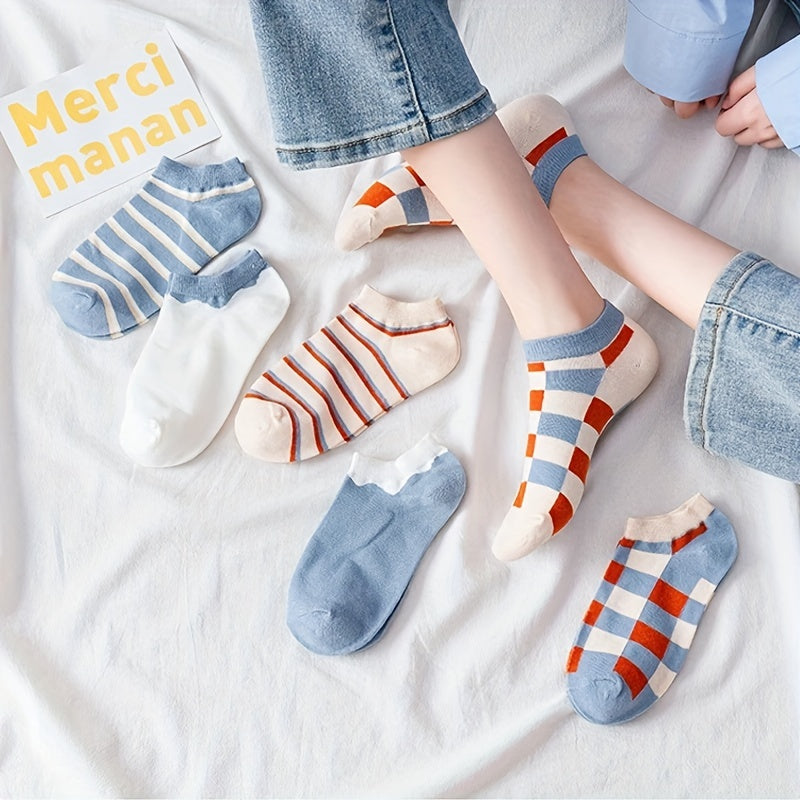 Plaid & Stripe Ankle Socks Soft & Lightweight All match Socks Women's Stockings