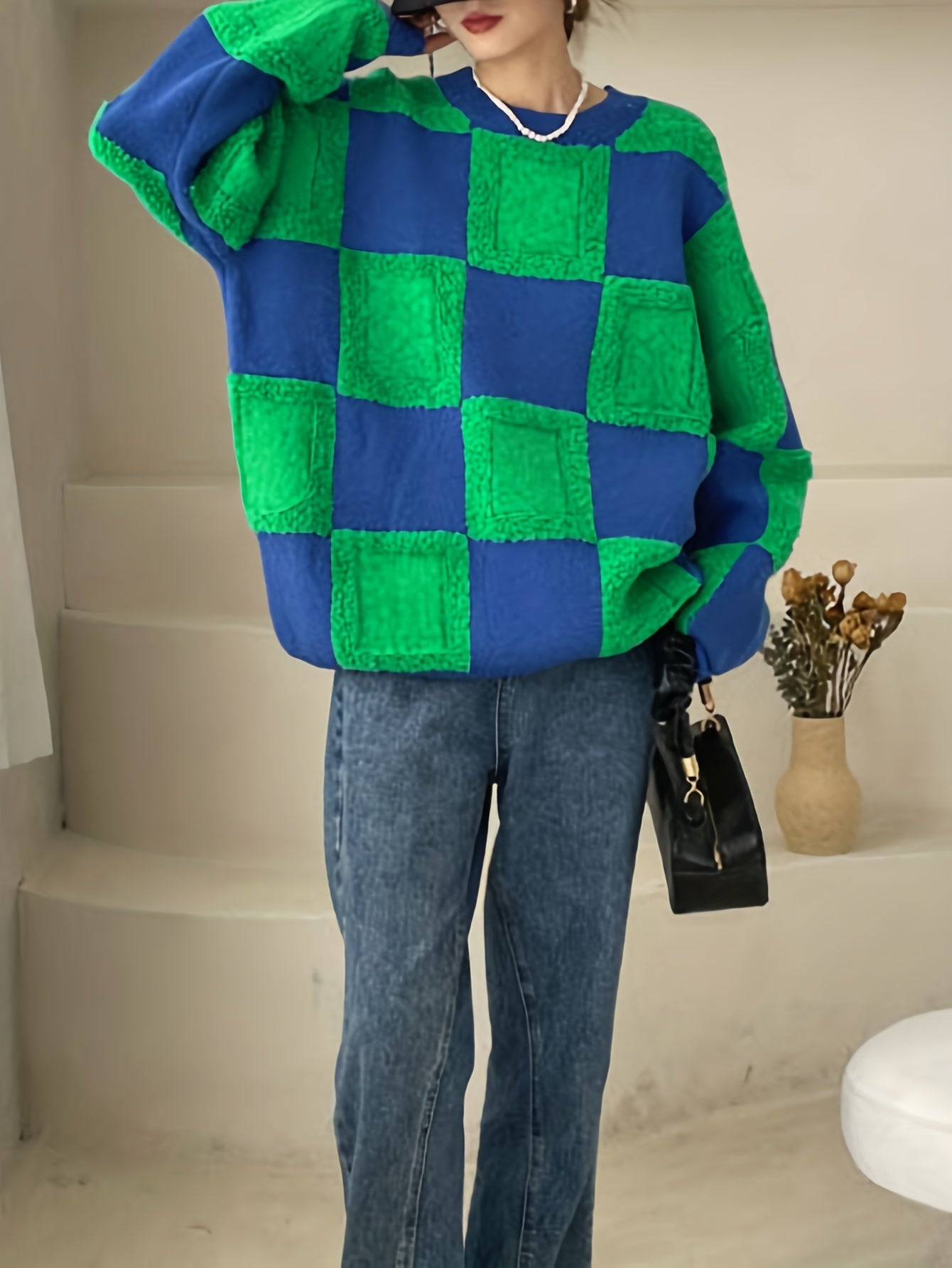 Y2K Checker Pattern Sweater Long Sleeve Round Neck Pullover Jumper