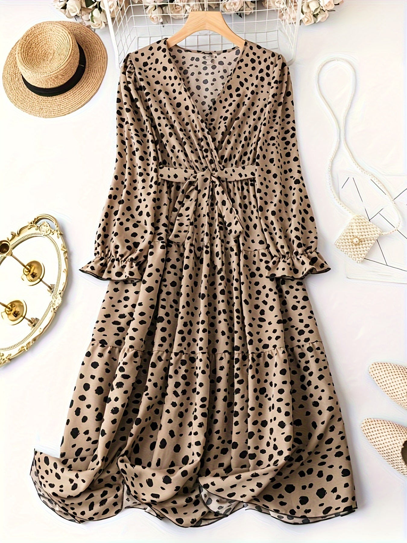 Leopard Print Lantern Sleeve Dress With Belt