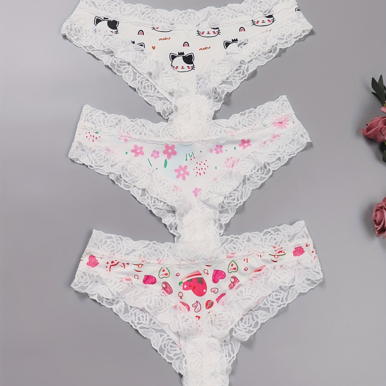3 Pack Plus Size Cheeky Panties - Floral & Heart & Cat Print Lace Trim