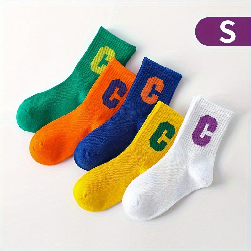 5 Pairs Unisex Kid's Solid Letter Crew Socks Soft Breathable Casual Socks