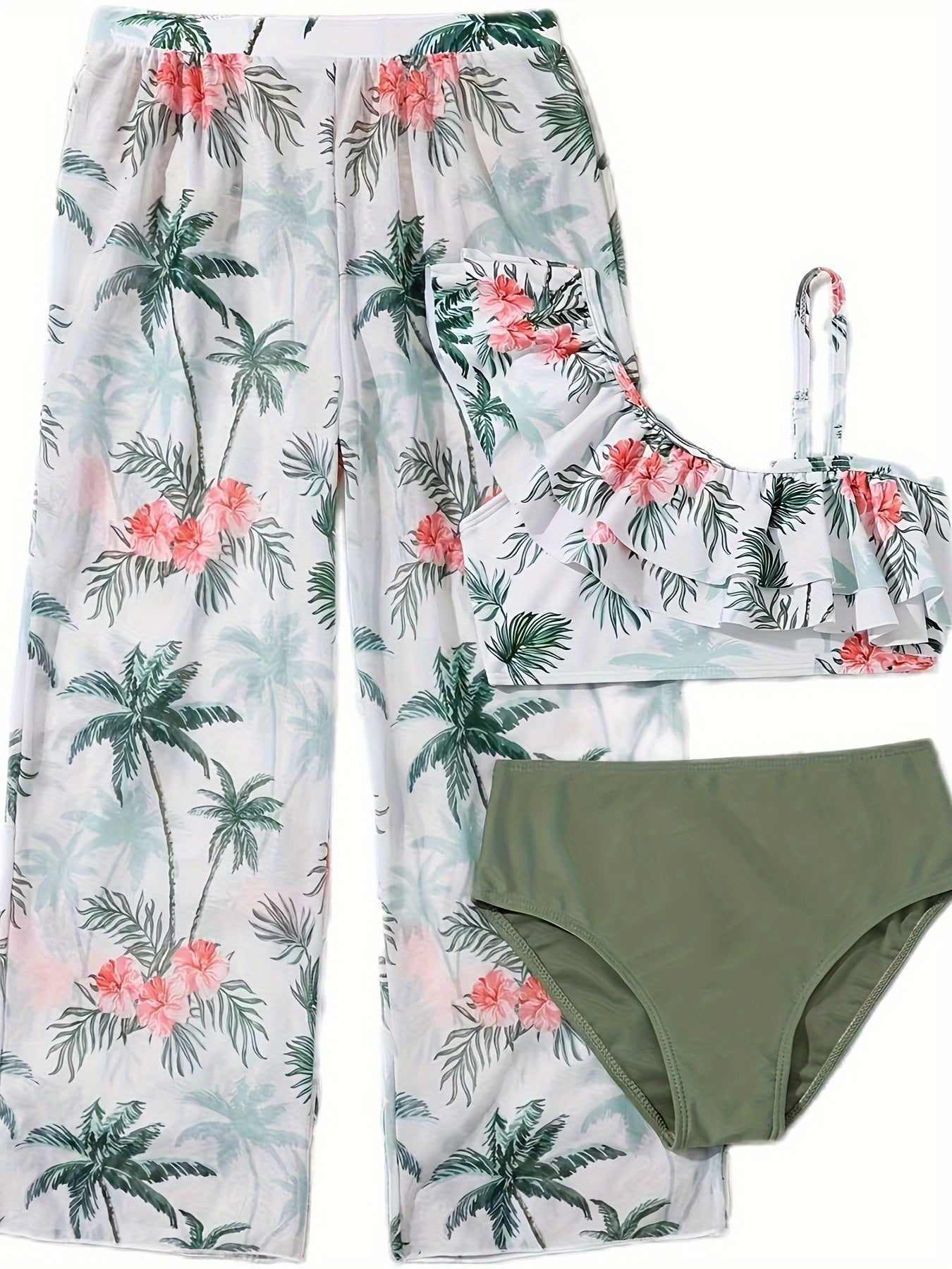 Girls Coconut Tree & Flower Print Swimwear Set