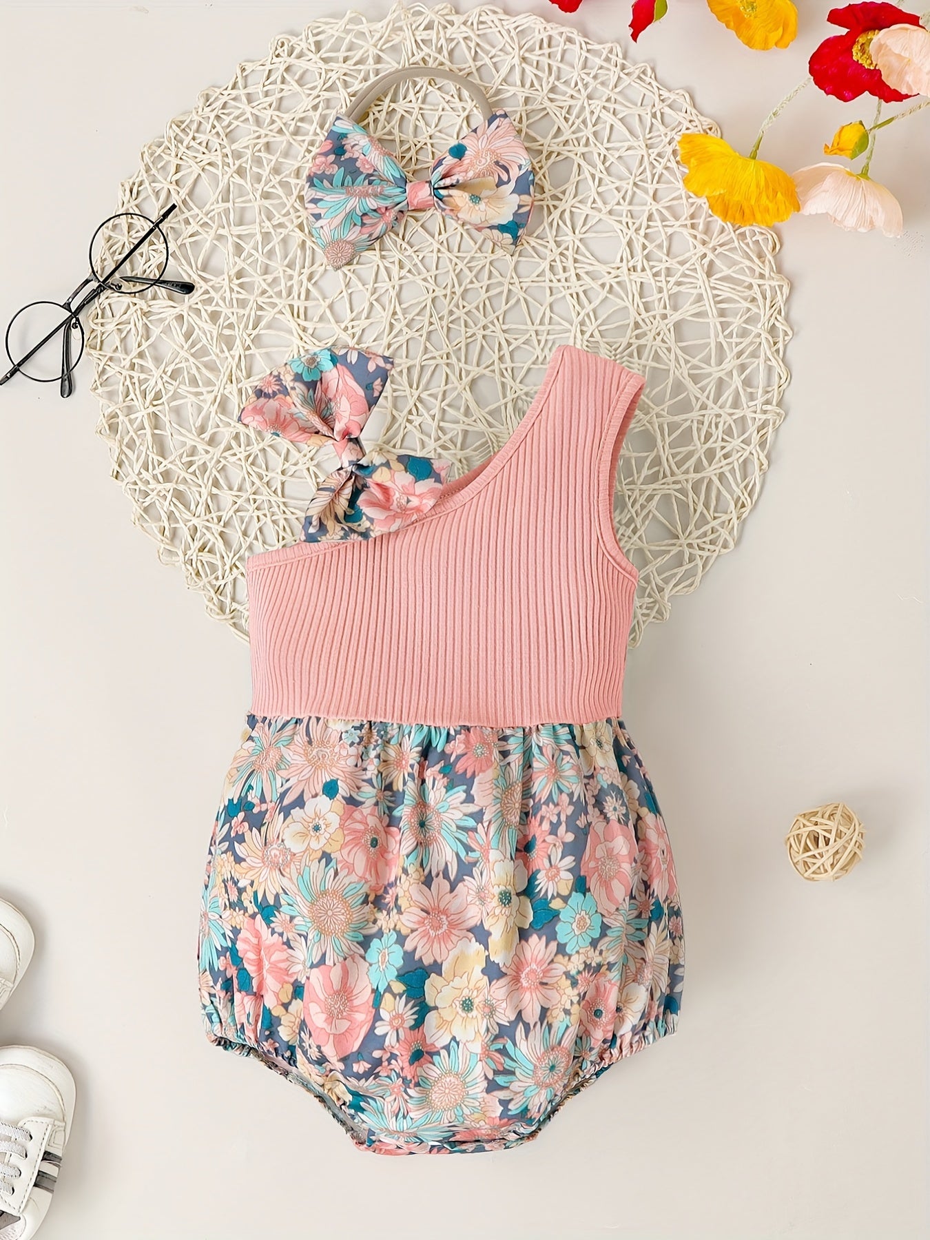 Baby Girls Ribbed One Shoulder Floral Onesie & Headband Set