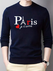 Men's Paris Print Knitted Sweater Casual Mid Stretch Long Sleeve Top
