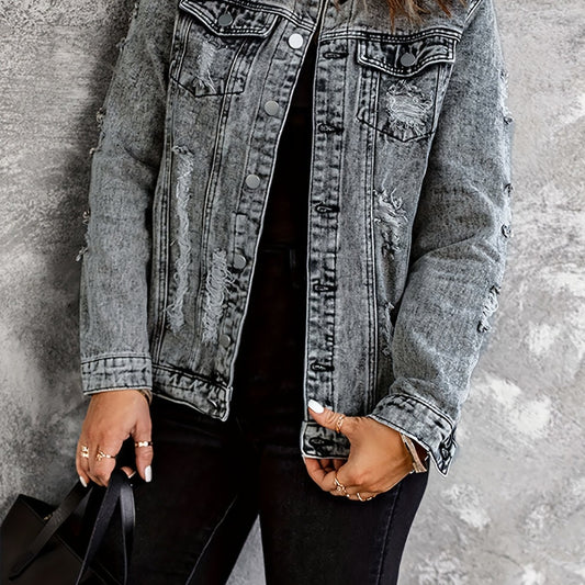 Casual Denim Jacket Women's Washed Ripped Collar Denim Jacket