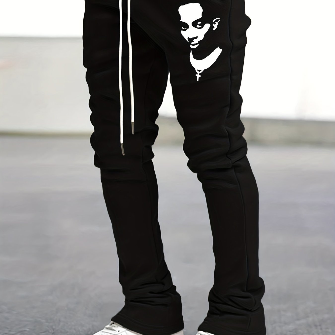Men's Drawstring Bell bottom Pants Portray Pattern Casual Slim Pants