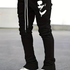 Men's Drawstring Bell bottom Pants Portray Pattern Casual Slim Pants