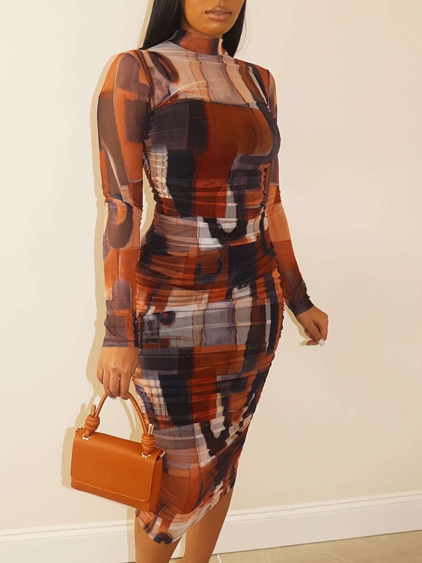 Colorblock High Neck Long Sleeve Bodycon Dress