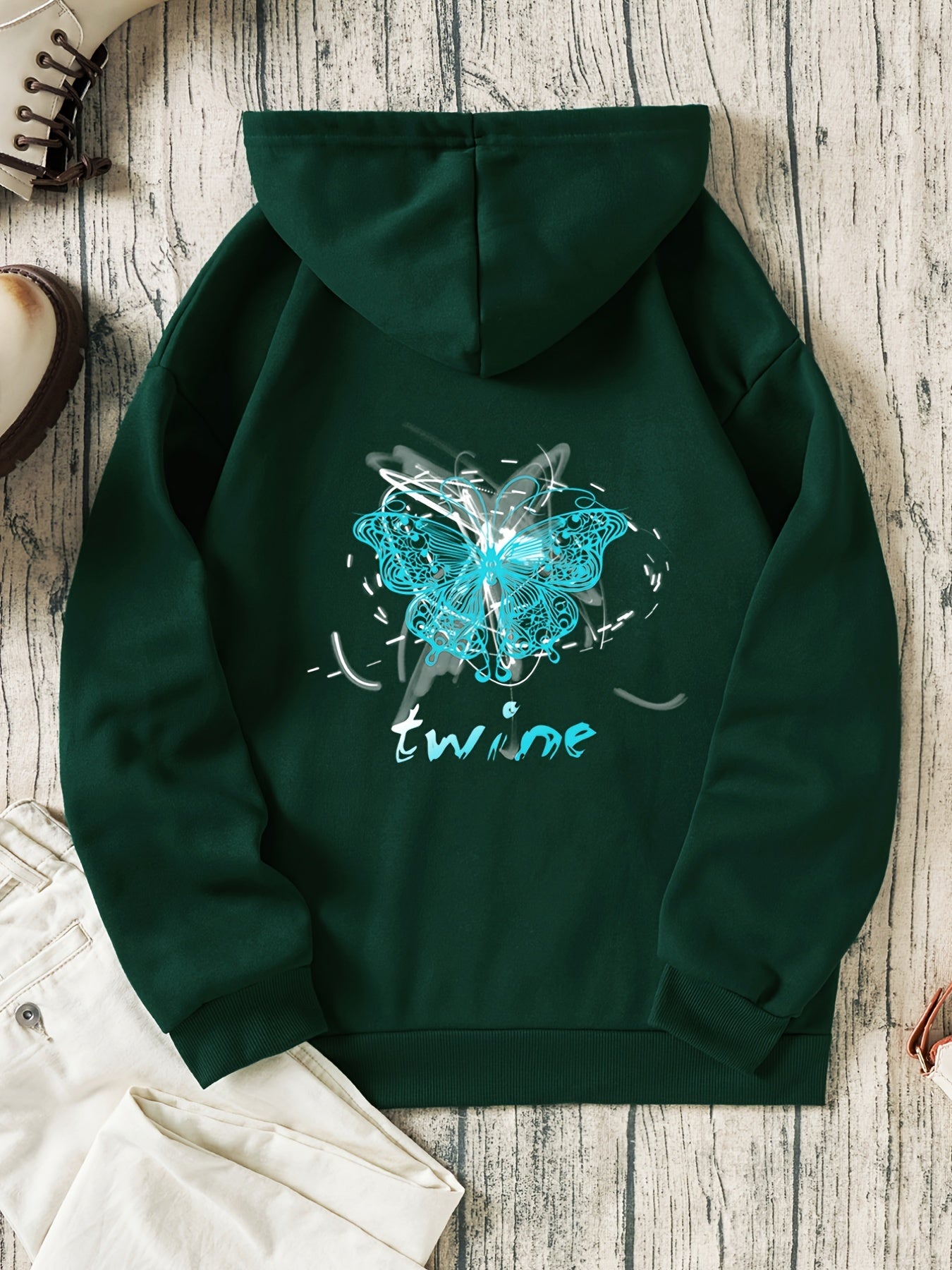 Butterfly & Letter Print Hooded Shirt Casual Sweatshirt