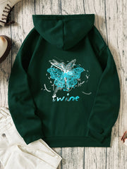 Butterfly & Letter Print Hooded Shirt Casual Sweatshirt