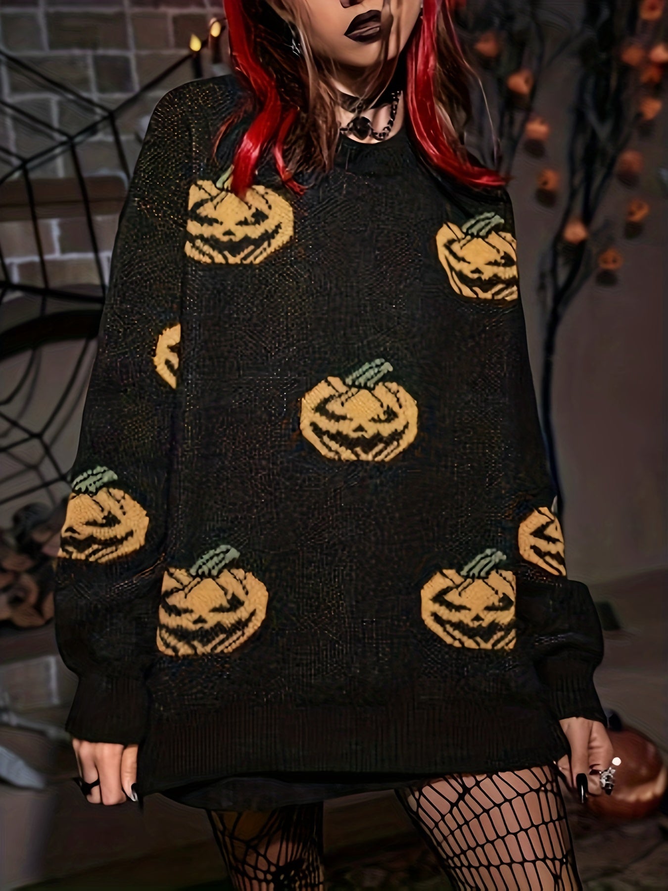 Pumpkin Print Gothic Sweater Long Sleeve Round Neck Pullover