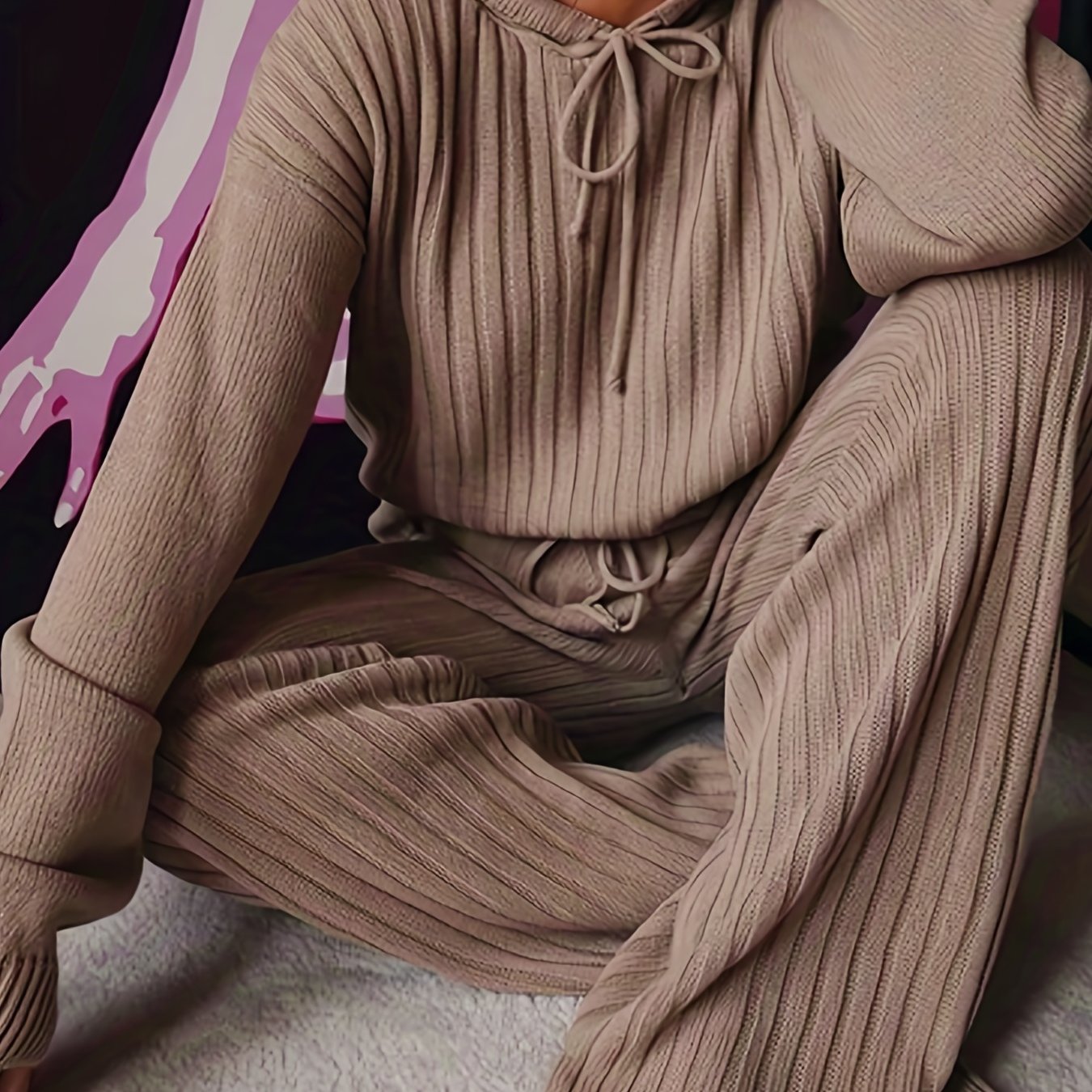 Ribbed Knit Hooded Sweater & Pants Set